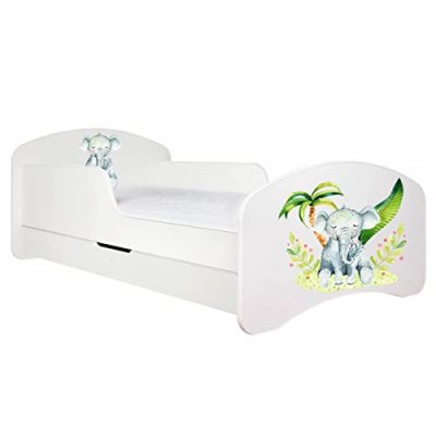 MON MOBILIER DESIGN Lit enfant 140x70 blanc motif &eacute;l&eacute;phant + matelas mousse latex coco avec tiroir