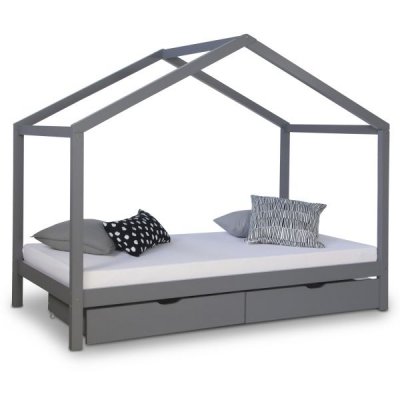 HOMESTYLE4U Lit enfant avec matelas 90x200 lit cabane lit enfant lit en bois gris tiroir de lit b&eacute;b&eacute;