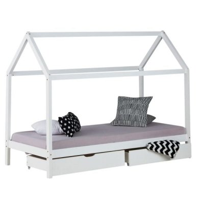HOMESTYLE4U Lit Enfant avec Matelas Cadre de Lit Cabane Enfant 90x200 cm Blanc Avec Tiroirs