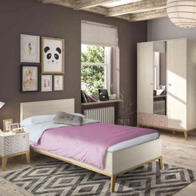TERRE DE NUIT Lit enfant en bois imitation ch&ecirc;ne blanchi 90x190 - LT5058 - Blanc