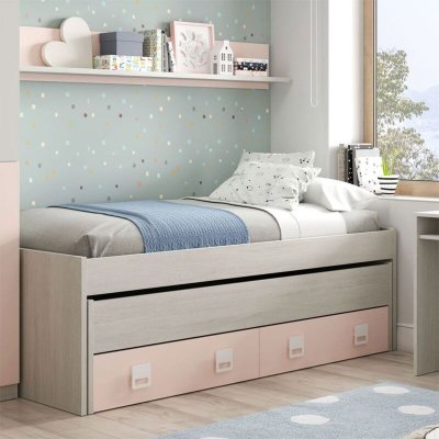 USINESTREET Lit enfant gigogne avec 2 tiroirs et 1 &eacute;tag&egrave;re - gris/rose FOLI7449Y