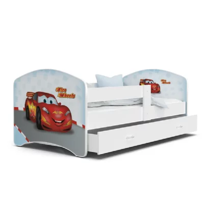 KIDS LITERIE Lit enfant happy 80x160 cars blanc livr&eacute; avec sommiers, tiroir et matelas en mousse de 7cm