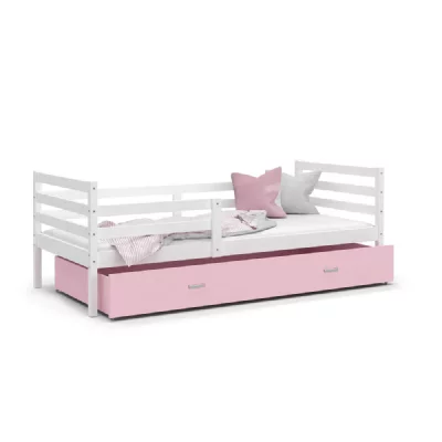 KIDS LITERIE Lit enfant MILO 90x190 Blanc et Rose - Sommier et matelas inclus - Avec tiroir de rangement