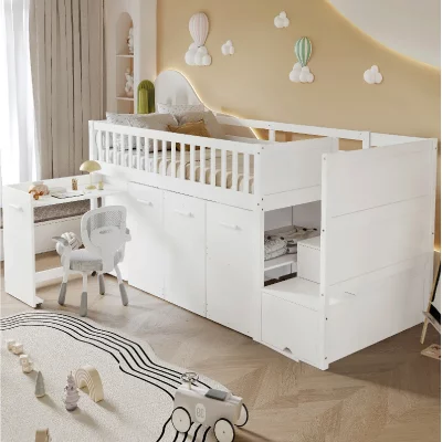 MODENVIE Lit Enfant Superpos&eacute; 90x200 cm -  - rangement avec bureau coulissant - Blanc