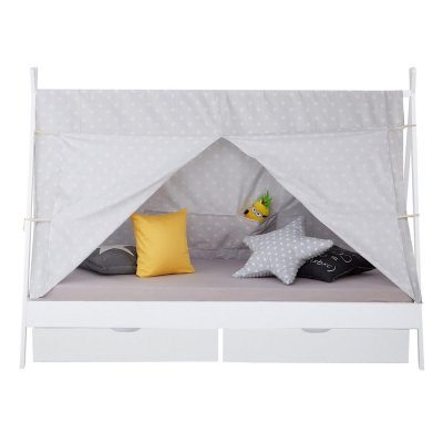 HOMESTYLE4U Lit Enfant Tipi 90x200 Blanc Avec Sommier Lattes Tiroir 2 Tiroirs Et Tissu De Tente Gris Toil
