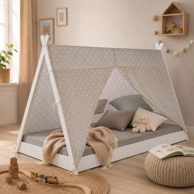 HOMESTYLE4U Lit enfant tipi avec matelas lit tente 90x200 lit ado toile gris blanc &eacute;toiles
