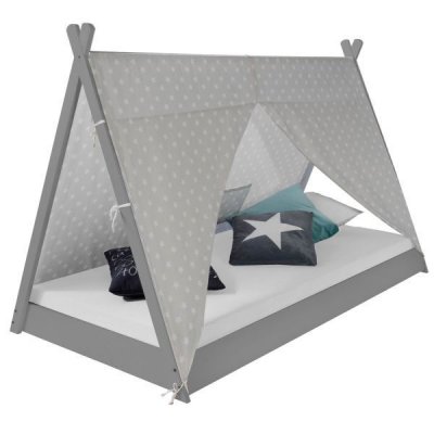 HOMESTYLE4U Lit Enfant Tipi Avec Matelas Lit Tente 90x200 Lit Jeune Toile Toiles Grises