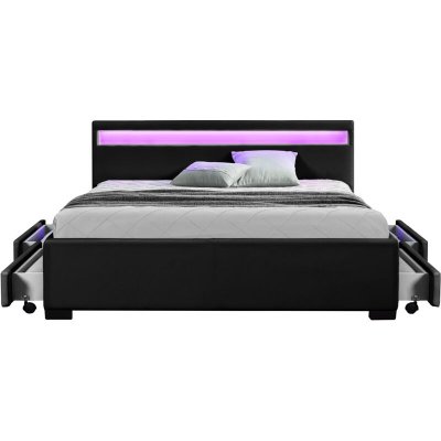 Lit Enfield - Structure de lit en simili Noir avec rangements et LED int&eacute;gr&eacute;es - 140x190 cm