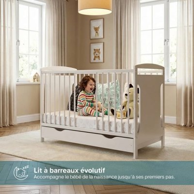 MINEA Lit &eacute;volutif Margot - Blanc - 60x120 cm - Tiroir de rangement