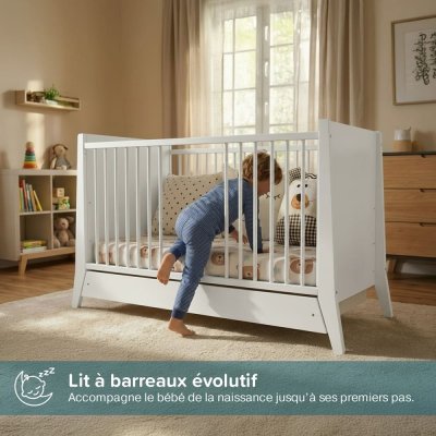 MINEA Lit &eacute;volutif Timeo - Marque - Blanc - 60x120 cm - Tiroir de rangement