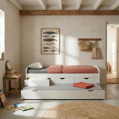 IDIMEX Lit gigogne avec rangements JESSY, 90 x 190 cm en pin massif lasur&eacute; blanc