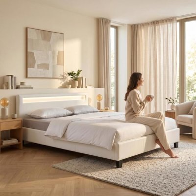 Lit LED double PINOT 140x190 cm, avec sommier, rev&ecirc;tement synth&eacute;tique blanc