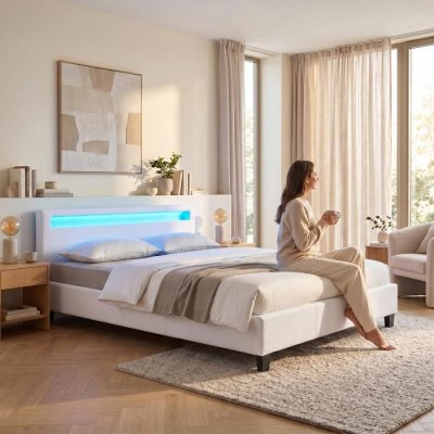 Lit LED double RIOJA 140x190 cm, avec sommier, rev&ecirc;tement tissu blanc