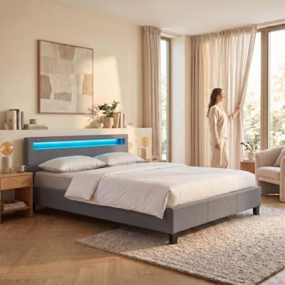 Lit LED double RIOJA 140x190 cm, avec sommier, rev&ecirc;tement tissu gris