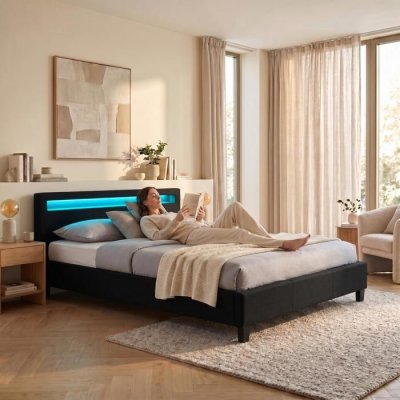 Lit LED double RIOJA 140x190 cm, avec sommier, rev&ecirc;tement tissu noir
