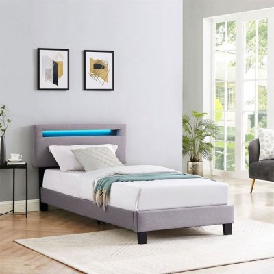 IDIMEX Lit LED simple AUSTIN 90x190 cm, avec sommier, rev&ecirc;tement en tissu gris