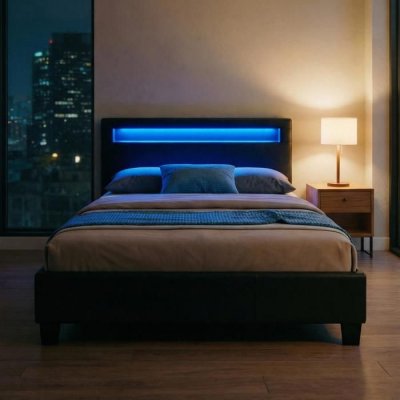 Lit LED simple MIIRANDO 120x190 cm, avec sommier, rev&ecirc;tement synth&eacute;tique noir
