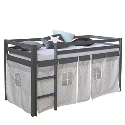 HOMESTYLE4U Lit mezzanine 90 x 200 cm gris pour enfants avec echelle et rideaux en tissu