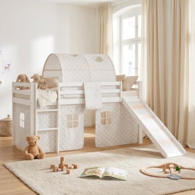 HOMESTYLE4U Lit mezzanine 90x200 avec toboggan + echelle + rideau et tunnel gris etoiles