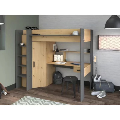 PARISOT Lit Mezzanine avec bureau et rangements - D&eacute;cor ch&ecirc;ne et noir