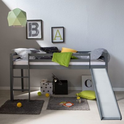 HOMESTYLE4U Lit mezzanine gris pour enfants avec toboggan et echelle, 90 x 200 cm