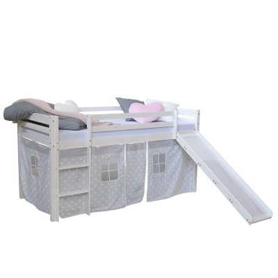 DECOSHOP26 Lit mezzanine pour enfant 90x200cm avec &eacute;chelle toboggan en bois blanc avec tissu gris &eacute;toile - gris