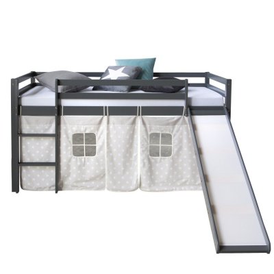 DECOSHOP26 Lit mezzanine pour enfant 90x200cm avec &eacute;chelle toboggan en bois gris avec tissu &eacute;toile - gris
