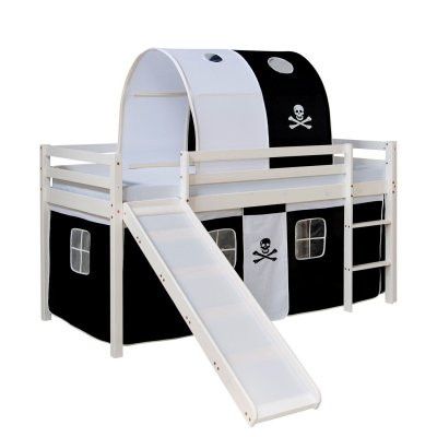 DECOSHOP26 Lit mezzanine pour enfant avec sommier toboggan tunnel rideau mod&egrave;le noir pirate 90x200 cm LIT06196