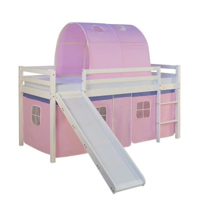DECOSHOP26 Lit mezzanine pour enfant avec sommier toboggan tunnel rideau mod&egrave;le rose 90x200 cm - Rose