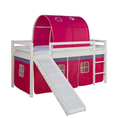 DECOSHOP26 Lit mezzanine pour enfant avec sommier toboggan tunnel rideau mod&egrave;le rose fonc&eacute; 90x200 cm LIT06188