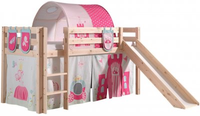 VIPACK Lit mi-hauteur 90x200 toboggan sommier inclus housse princesse naturel