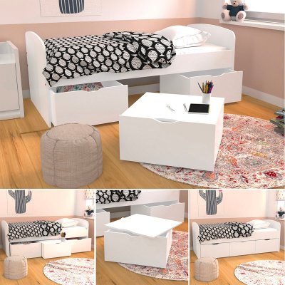 Lit MIA 90x190 + 1 sommier + 2 tiroirs + 1 coffre table basse / Blanc