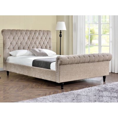 Lit moderne t&ecirc;te de lit haute capitonn&eacute;e tissu beige kapy 140x190 cm