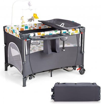 COSTWAY Lit Parapluie B&eacute;b&eacute; Pliant 5 En 1 Avec Matelas,berceau Parc B&eacute;b&eacute; Avec Table &Agrave; Langer,bo&icirc;te &Agrave; Musique