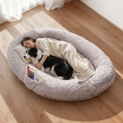 VEVOR Lit Pour Chien Humain 171x100x24cm Avec Poche Lat&eacute;rale Housse Amovible Gris