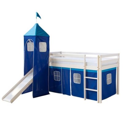 HOMESTYLE4U Lit Simple Blanc 90x200 en hauteur avec echelle Rideau et Tour Bleu et Toboggan