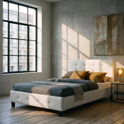 Lit simple MARLON, 120 x 190 cm, capitonn&eacute; avec sommier, rev&ecirc;tement synth&eacute;tique blanc