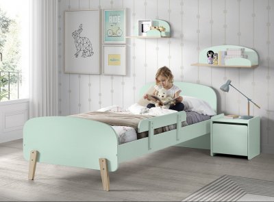  Lit simple menthe + sommier + chevet + Etag&egrave;res 45cm/65cm + coffre jouets + barri&egrave;re lit