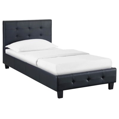 IDIMEX Lit simple REVE, 90 x 190 cm, capitonn&eacute; avec sommier, rev&ecirc;tement synth&eacute;tique noir