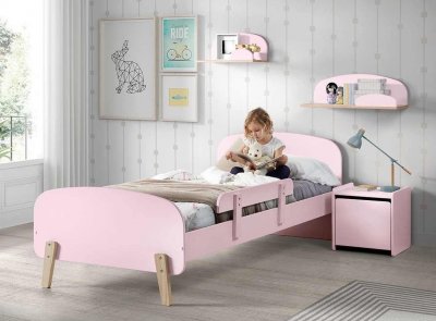 VIPACK Lit Simple Rose + Sommier + Chevet + Etagres 45cm/65cm + Coffre Jouets + Barrire Lit