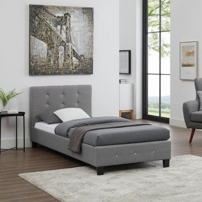 IDIMEX Lit simple TICO, 90 x 190 cm, capitonn&eacute; avec sommier, rev&ecirc;tement en tissu gris