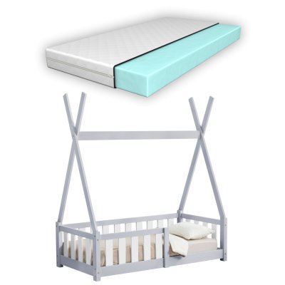 EN.CASA Lit Tipi avec Matelas Orthop&eacute;dique Helsingborg Gris Clair 140 x 70 cm []