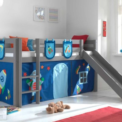 VIPACK Lit toboggan 90x200 cm avec tente et 3 pochettes astra pin massif gris Pino