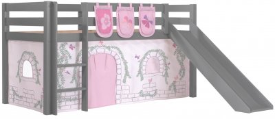 VIPACK Lit toboggan 90x200 cm avec tente et 3 pochettes contra pin massif gris Pino