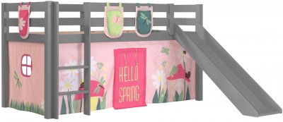 VIPACK Lit toboggan 90x200 cm avec tente et 3 pochettes printemps pin massif gris pino