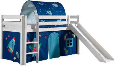 VIPACK Lit toboggan 90x200 cm avec tente et tunnel astra pin massif blanc Pino