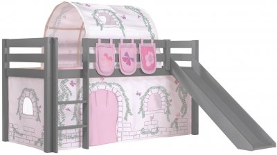 VIPACK Lit toboggan 90x200 cm avec tente tunnel et 3 pochettes contra pin massif gris Pino