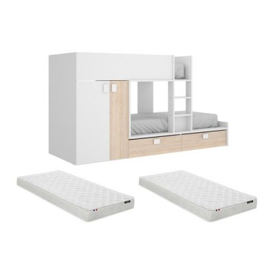 VENTE UNIQUE Lits Superpos&eacute;s 2 x 90 x 190 cm - Armoire int&eacute;gr&eacute;e - Blanc et naturel + matelas - JUANITO