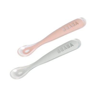 BEABA Lot 2 cuill&egrave;res 1er &acirc;ge silicone + boite de transport grey/p
