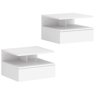Lot 2 Tables De Chevet Murales Tiroir &Eacute;tag&egrave;re Ouverte Bois Blanc